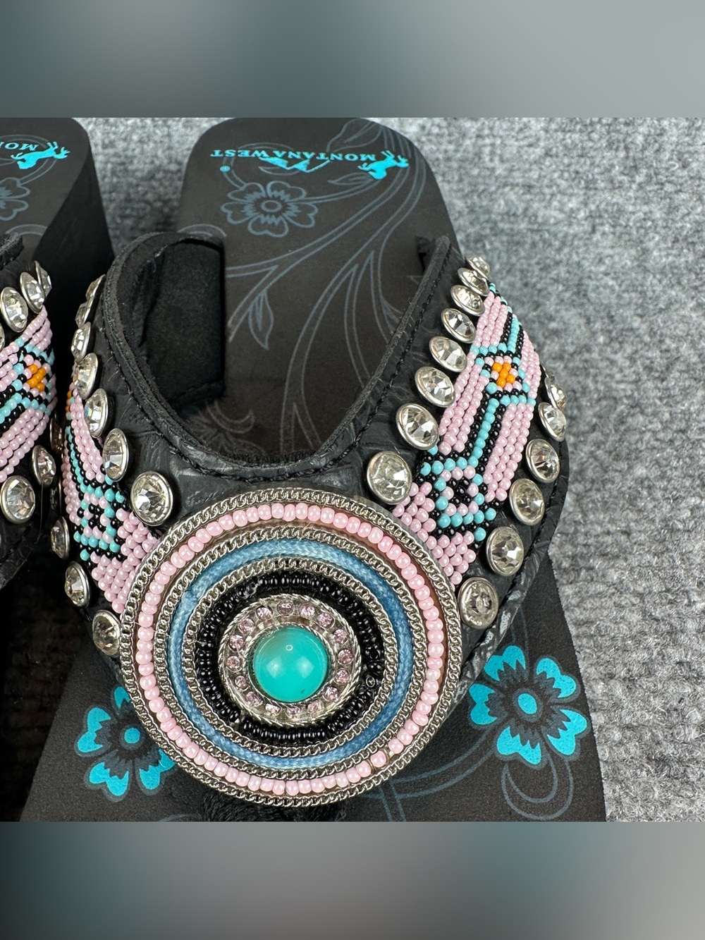 Montana West Beaded Western Wedge Flip Flops Women's Size 7 Black Turquoise - Picture 7 of 16